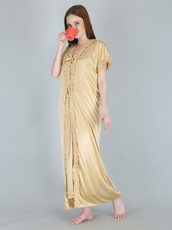 Be You Cream-Coloured Solid Satin Maxi Nightdress