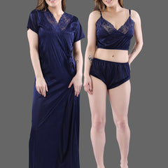 Be You Women Set Of 2 Navy Blue Maxi 1Robe with Lingerie Set Nightdress