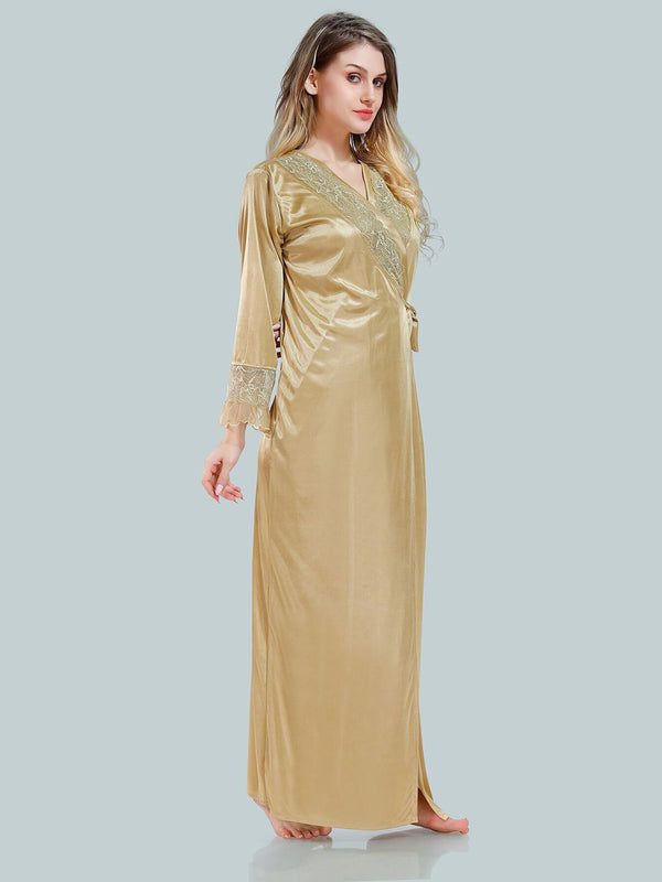 Be You V Neck Lace Up Details Satin Nightdress With Robe
