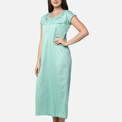 Be You Women Green Embroidered Maxi Maternity Nightdress