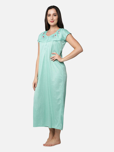 Be You Women Green Embroidered Maxi Maternity Nightdress