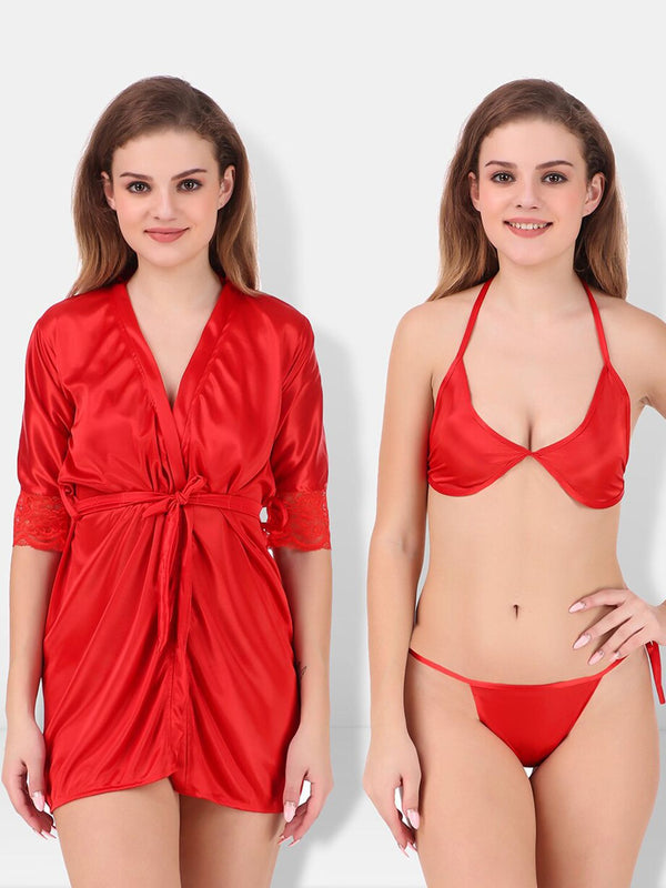 Be You Lace-Insert Non-Wired Non Padded Lingerie Set With Robe BUF-3-PCS-SET-2251-L