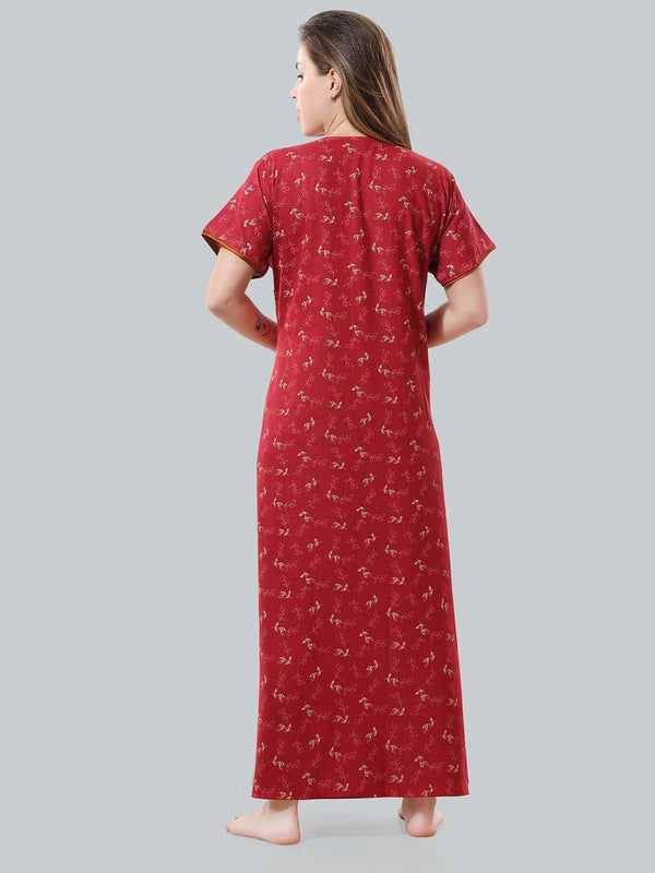 Be You Maroon Embroidered Maxi Nightdress