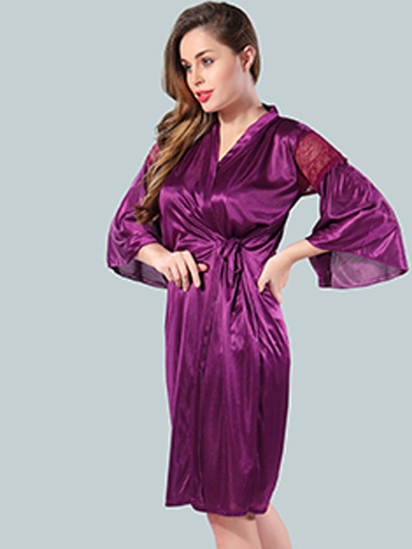 Be You Solid Lace Details Satin Nighty with Robe
