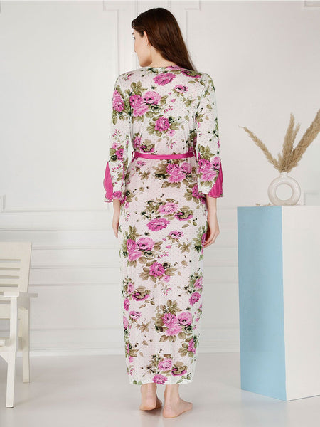 Be You Floral Printed Shoulder Straps Satin Maxi Nightdress With Robe