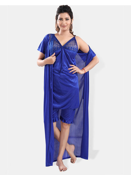 Be You Shoulder Strap Neck Satin Night Suit With Robe