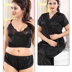 Be You  Women Black Solid Satin 3 Piece Nightwear Set