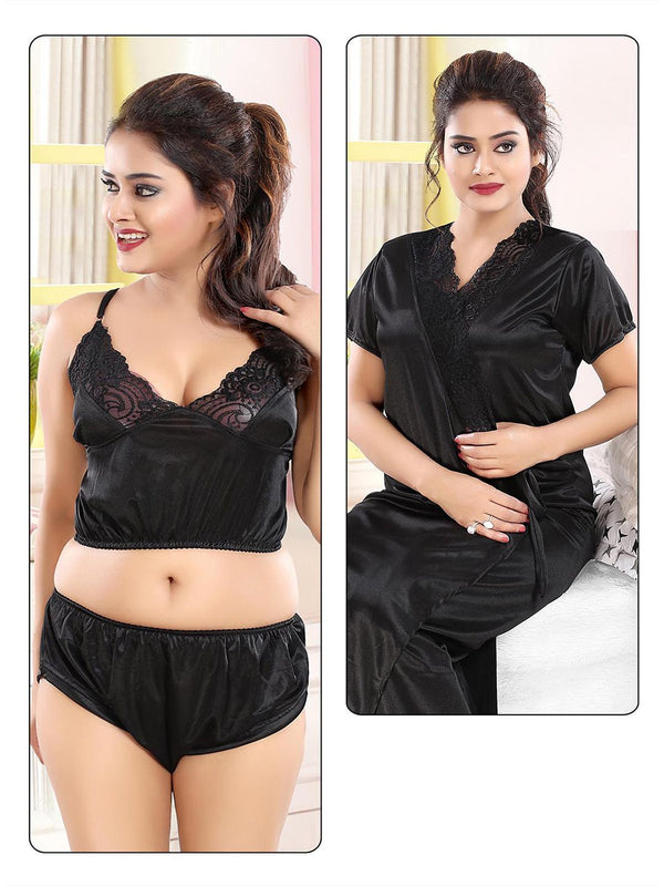 Be You  Women Black Solid Satin 3 Piece Nightwear Set