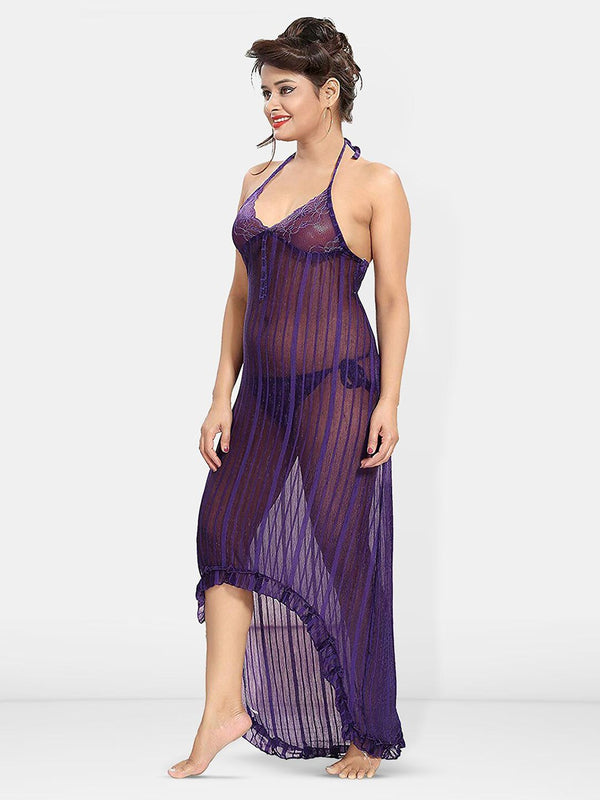 Be You Self Design Net Halter Neck Baby Doll With Brief