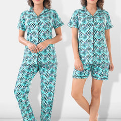 Be You Women Turquoise Blue & Black Printed Pajama & Shorts with Shirt Night Suits