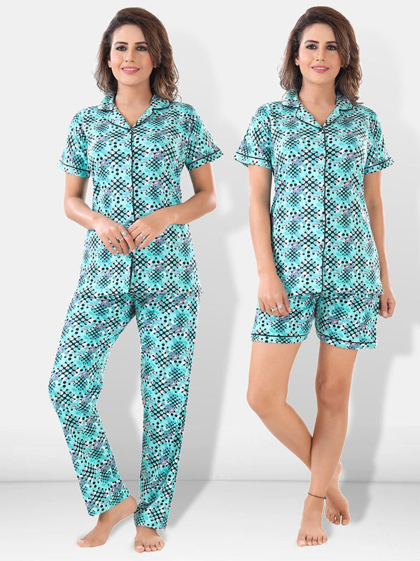 Be You Women Turquoise Blue & Black Printed Pajama & Shorts with Shirt Night Suits