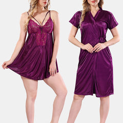 Be You Solid Lace Details Satin Nighty with Robe