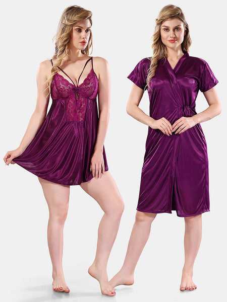 Be You Solid Lace Details Satin Nighty with Robe