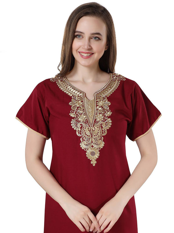 Be You Maroon Embroidered Maxi Nightdress