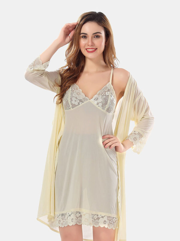 Be You Net Above Knee Length Nightdress With Robe