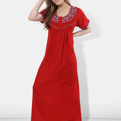 Be You Women Red Embroidered Maxi Nightdress