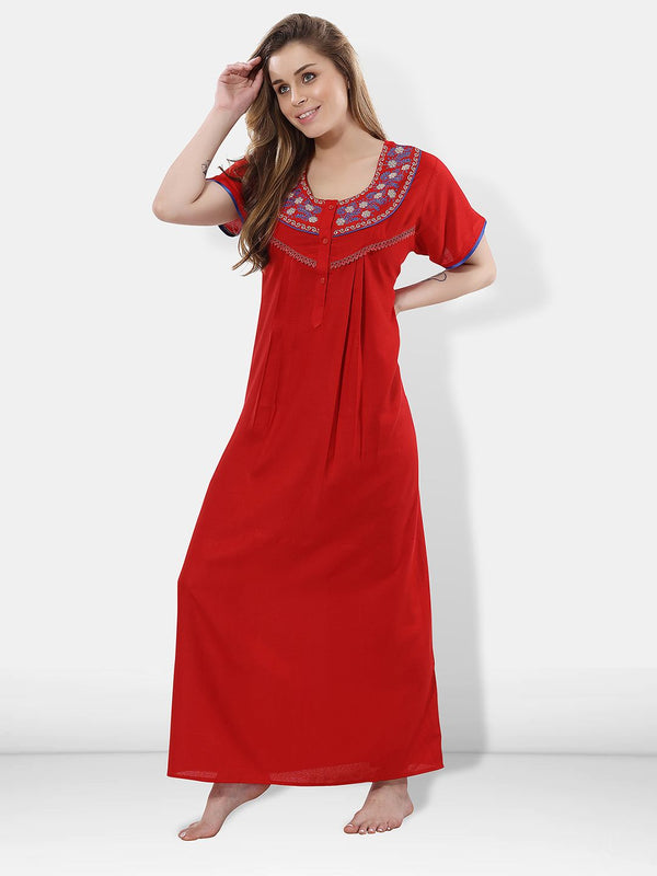 Be You Women Red Embroidered Maxi Nightdress