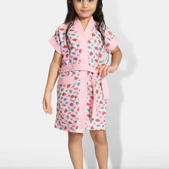 Be You Strawberry Print Pink Conversational Cotton Drawstring Knee Length Bath Robe