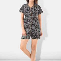 Be You Women Black & Blue Printed Pajama & Shorts with Shirt Night Suits