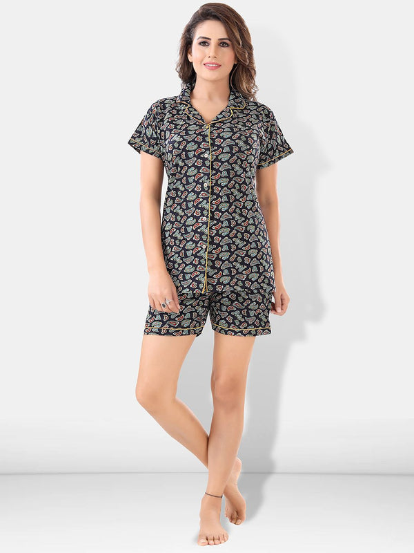 Be You Women Black & Blue Printed Pajama & Shorts with Shirt Night Suits