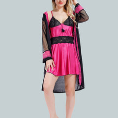 Be You Solid Lace Details Satin Nighty with Robe