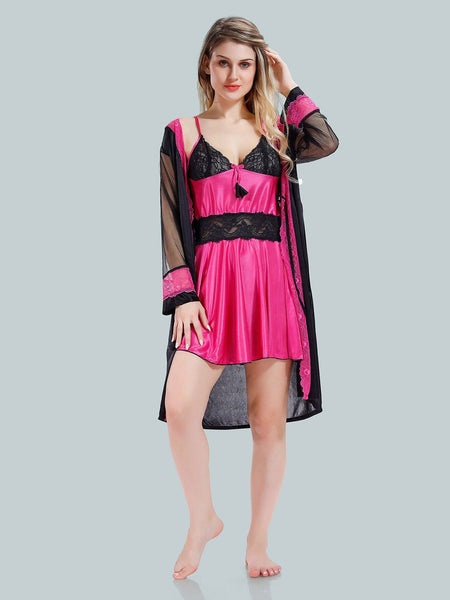 Be You Solid Lace Details Satin Nighty with Robe