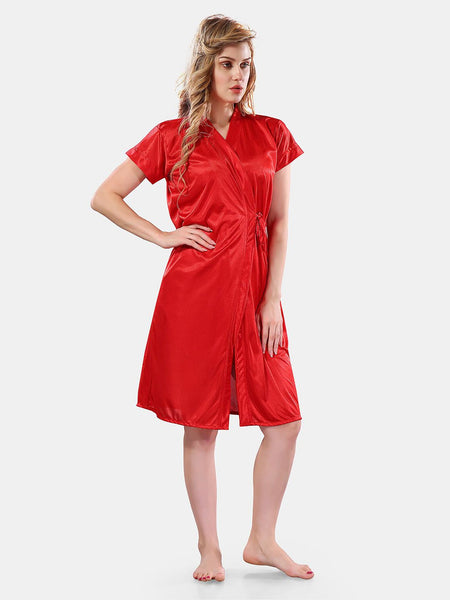 Be You Solid Lace Details Satin Nighty with Robe