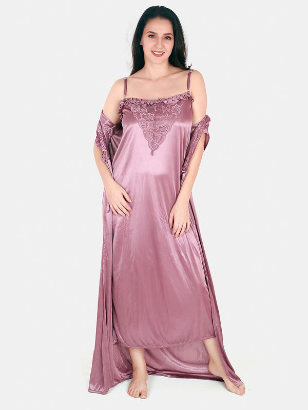 Be You Floral Lace Shoulder Straps Satin Maxi Nightdress With Robe