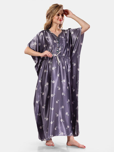 Be You Floral Printed Satin V-Neck Kaftan Nightdress