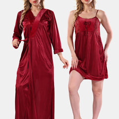 Be You Square Neck Lace Up Details Satin Nightdress With Robe