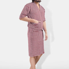 Be You Maroon Striped Cotton Drawstring Knee Length Bath Robe-3XL
