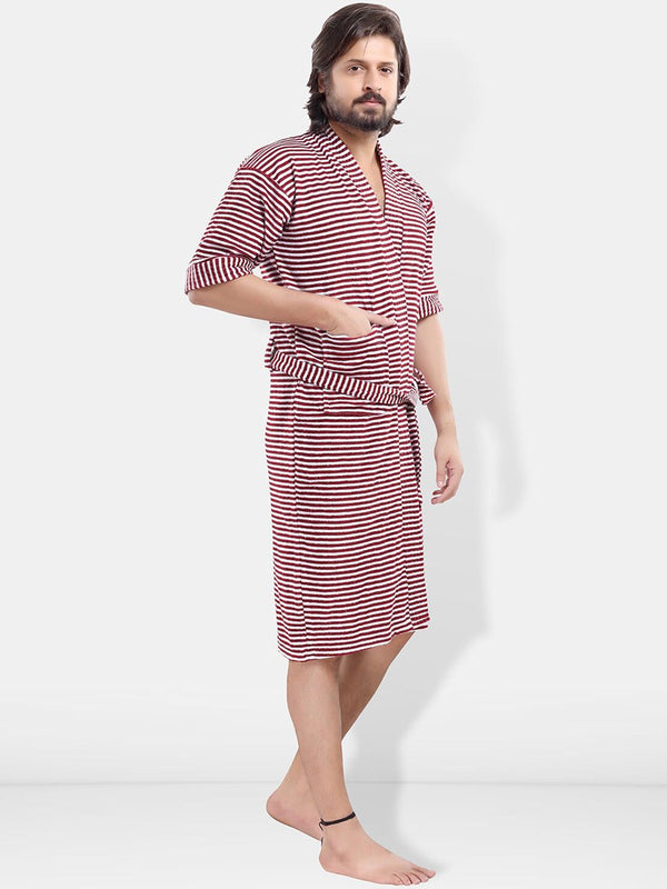 Be You Maroon Striped Cotton Drawstring Knee Length Bath Robe-3XL