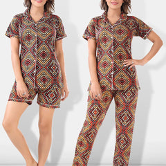 Be You Women Brown & Red Printed Pajama & Shorts with Shirt Night Suits
