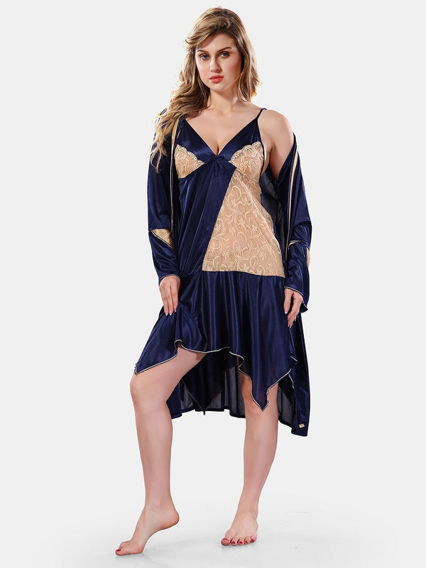 Be You Solid Lace Details Satin Nighty with Robe