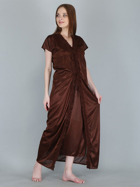 Be You Women Brown Maxi Nightdress  With Robe Pack of 2