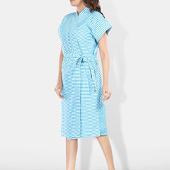 Be You Blue Striped Cotton Drawstring Knee Length Bath Robe-2XL