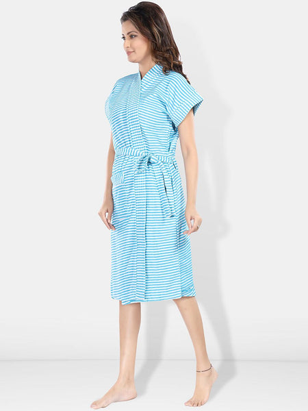 Be You Blue Striped Cotton Drawstring Knee Length Bath Robe-2XL