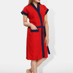 Be You Red Solid Cotton Drawstring Knee Length Bath Robe-L/XL