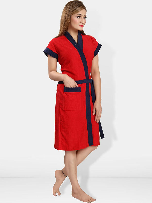 Be You Red Solid Cotton Drawstring Knee Length Bath Robe-L/XL