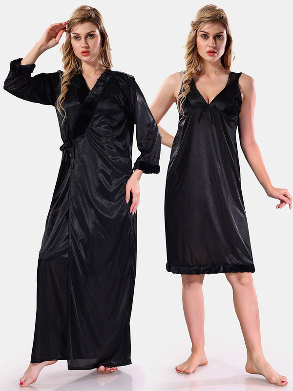 Be You V-Neck Lace Up Details Satin Maxi Nightdress With Robe