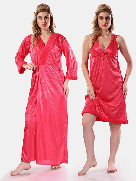 Be You V-Neck Lace Up Details Satin Maxi Nightdress With Robe