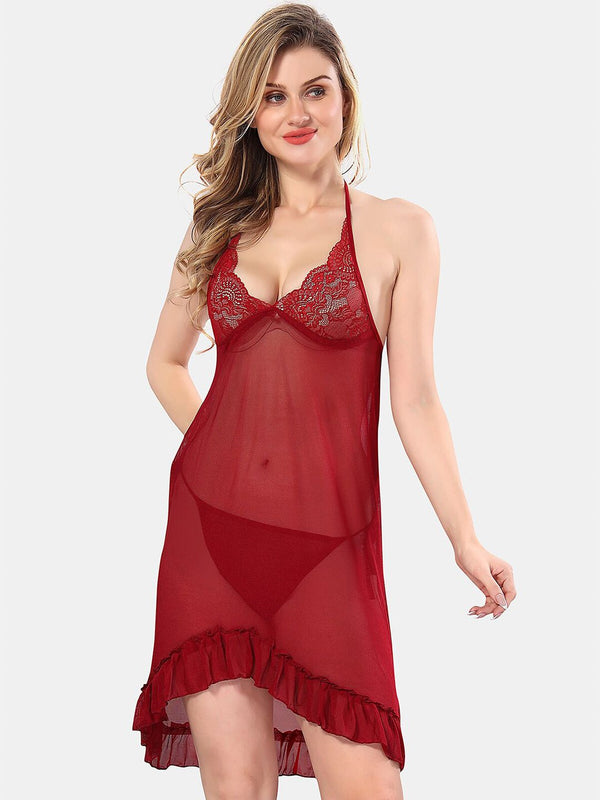 Be You Halter Neck Net Baby Doll With Briefs