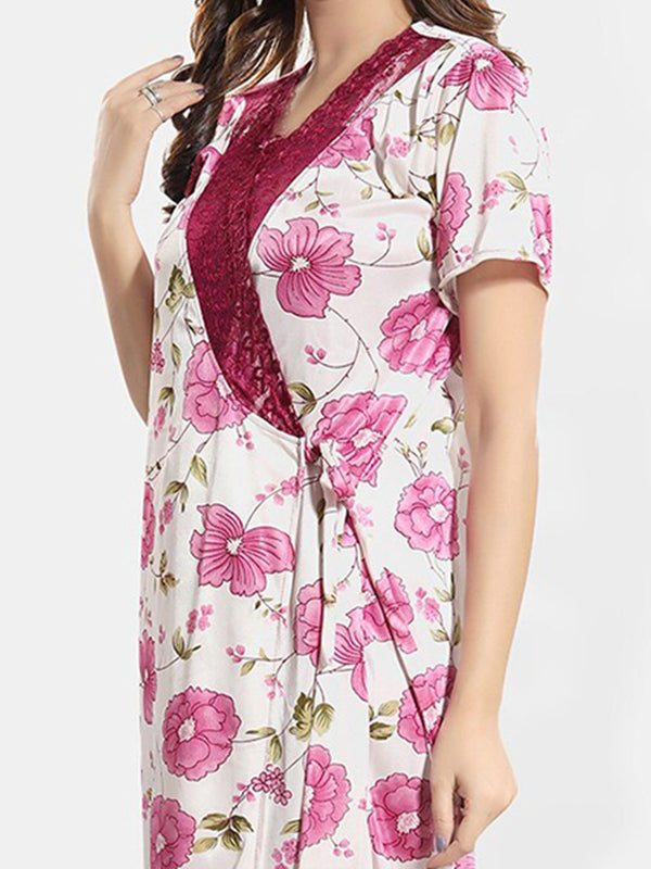 Be You Floral Printed 5 Pieces Satin Nightdress