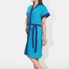 Be You Blue Solid Cotton Drawstring Knee Length Bath Robe-L/XL