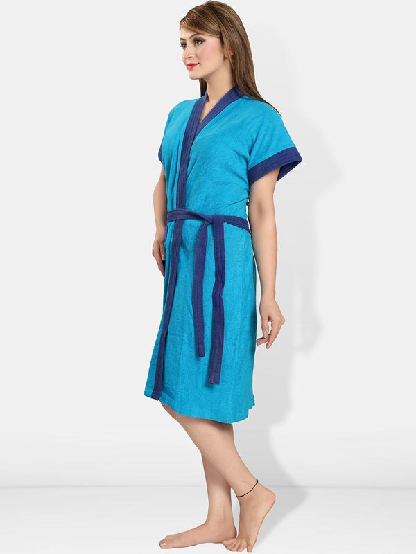 Be You Blue Solid Cotton Drawstring Knee Length Bath Robe-L/XL