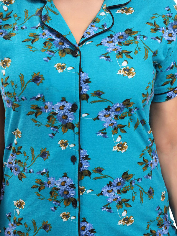 Be You Women Turquoise Blue & Green Printed Pajama & Shorts with Shirt Night Suits