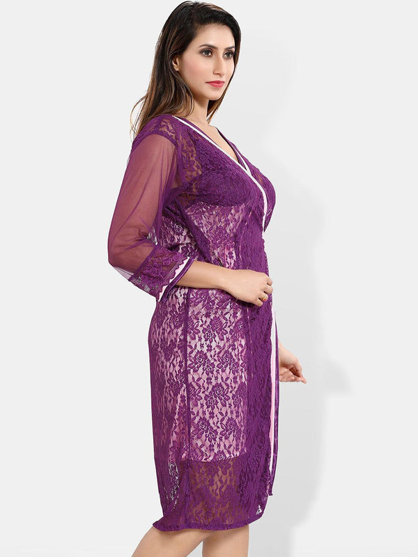Be You Self Design Satin Nightdress With Robe