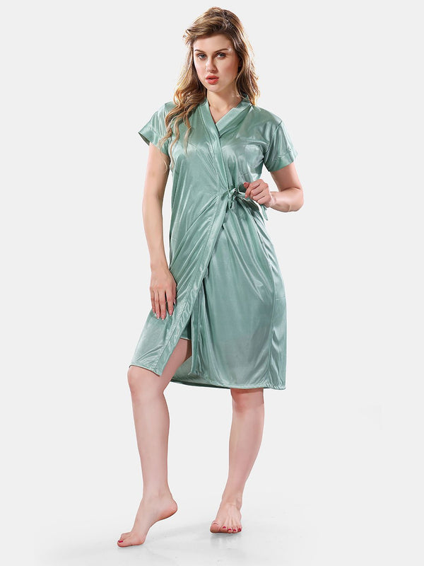 Be You Solid Lace Details Satin Nighty with Robe