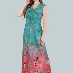 Be You Women Turquoise Blue Printed Maxi Nightdress BUF-GOWN-2361