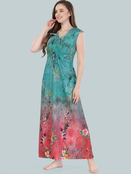 Be You Women Turquoise Blue Printed Maxi Nightdress BUF-GOWN-2361